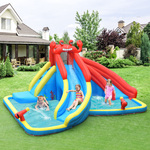 Springkasteel met Glijbaan Klimwand Kinderbadje Waterkanon en Basketbalring Waterpark voor Nat en Droog Gebruik 370 x 300 x 190 cm