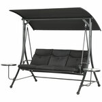 Outsunny Tuinschommel, 3-Zits Tuinschommel met Verstelbaar Zonnedak, tot 300 kg, 278 x 125 x 177 cm, Zwart | Aosom.nl