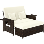Outsunny poly-rotan loungebank, 2-zits set, weerbestendig, comfortabele ligstoel met kruk, perfect voor tuin, bruin | Aosom.nl