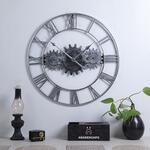60cm vintage ijzeren ronde versnelling wandklok stille grote kunstklok (zilver + zilveren naald)