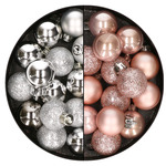 28x stuks kleine kunststof kerstballen zachtroze en goud 3 cm