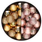 28x stuks kleine kunststof kerstballen zachtroze en dennengroen 3 cm